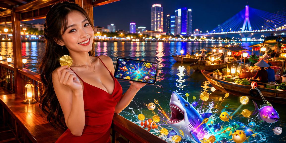 Người chơi bắn cá online tại Đà Nẵng với điện thoại trong buổi chiều tối ven biển