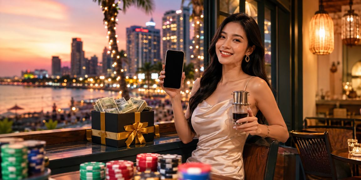 Người dùng tại Phú Quốc chơi casino trên điện thoại bên tách cà phê buổi sáng